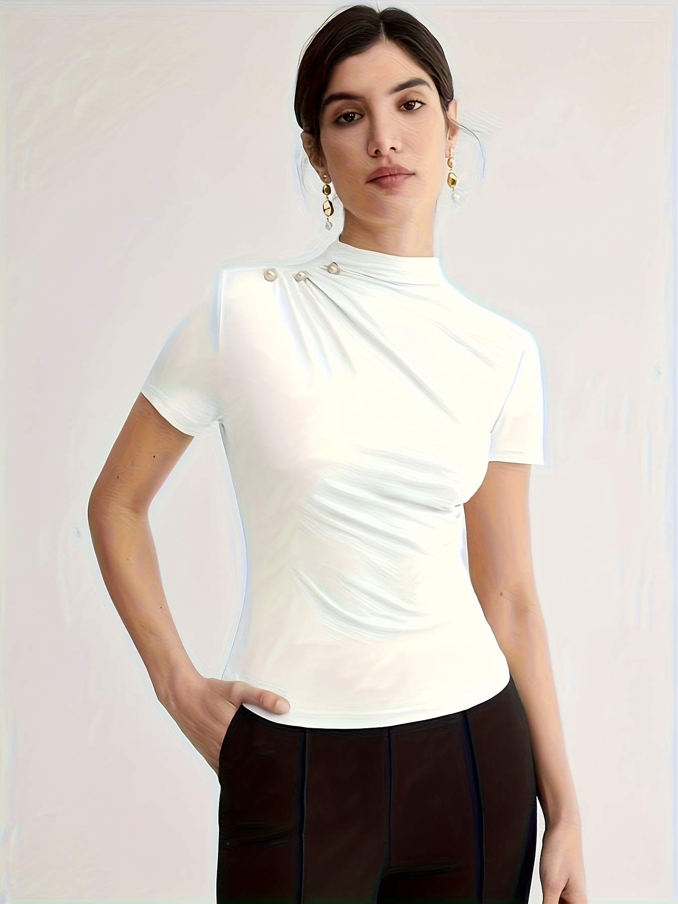 Summer New Arrival Design Sense Versatile Solid Color T-Shirt Short Sleeve Top with Shoulder Button Decor