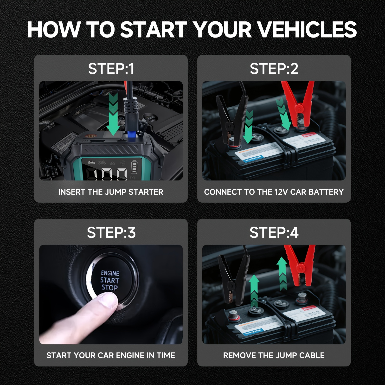 10000a 7 in 1 multi functional emergency   supply with air pump 150psl portable car battery starter digital tire inflator suitable f  64 gallon gasoline   38 gallon   battery led emergency light car emergency tool Product details 3
