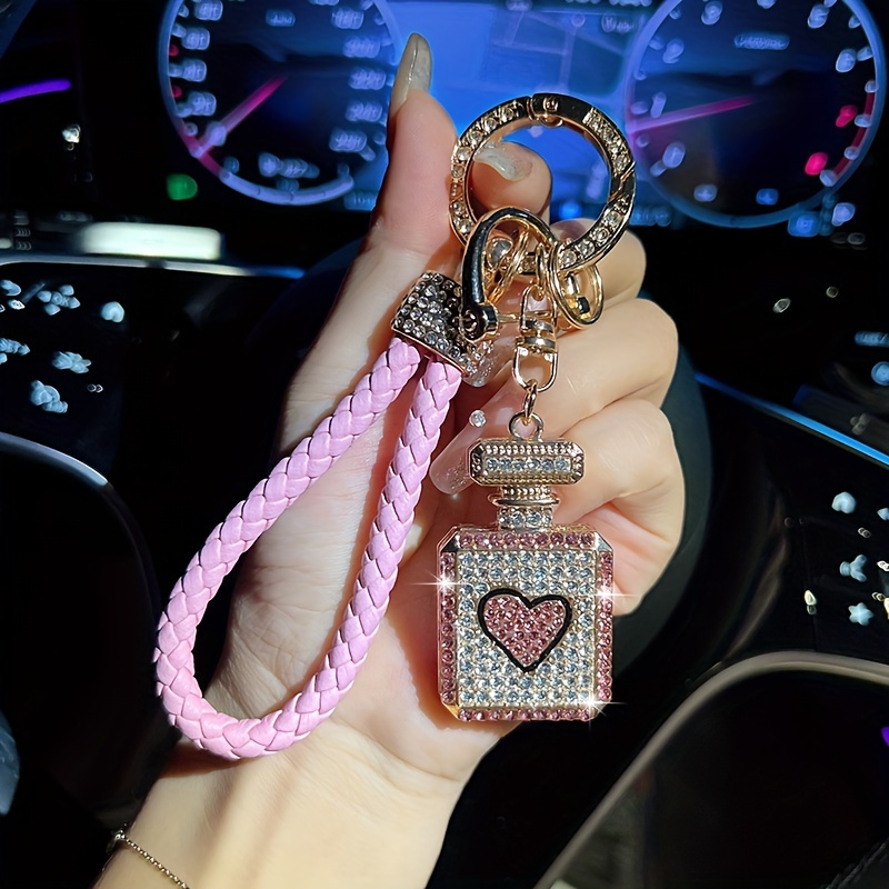 

Alloy Rhinestone Perfume Bottle Keychain With Woven Strap, Heart Charm, Lobster Clasp, Screwdriver Included - Women's Novelty Keyring For Decoration, Gift For Birthday - Single Piece