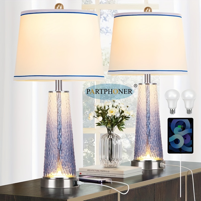 

Blue Glass Table Lamps For Bedrooms Set Of 2 With Usb A+c , Modern Bedside Lamp With Night Light, 26" Nightstand Lamp For Living Room Home Decor, (bulbs Included)