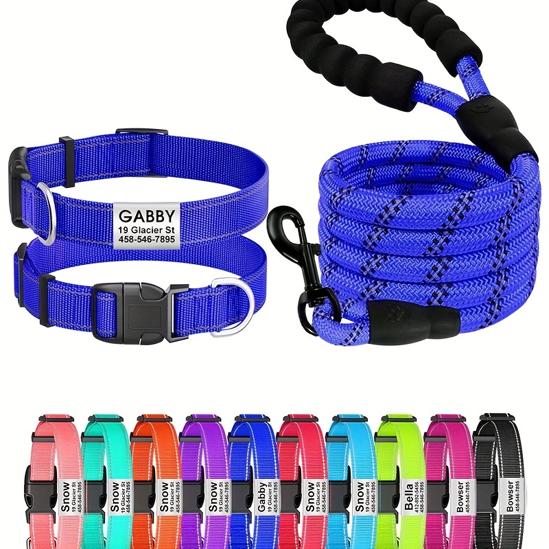 Personalized Reflective Dog Collar and Leash Set with Safety Locking Buckle