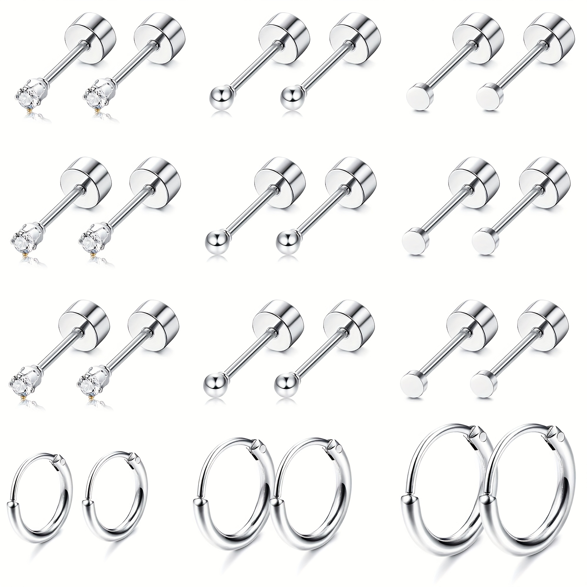 E-shop 24-teiliges Set kleiner Ohrstecker mit flacher Rückseite, hypoallergener Ohrring aus 304 medizinischem Edelstahl 304, geeignet für mehrere