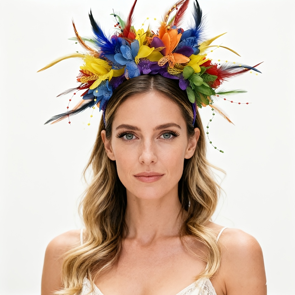 TEMU 1pc Vibrant Feather Flower Headpiece, Colorful Carnival Festival Headband For Women, Bohemian Party Hair Accessory, Perfectly Suitable For
