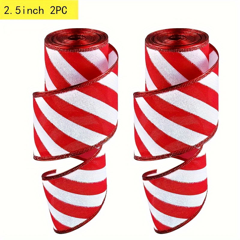 TEMU 2 Rolls, Total Christmas Craft Satin Ribbon Set - 2.5 Inch, Sparkling Striped Wired Edge Ribbon For Holiday Gift Wrapping And Bows, Perfect For
