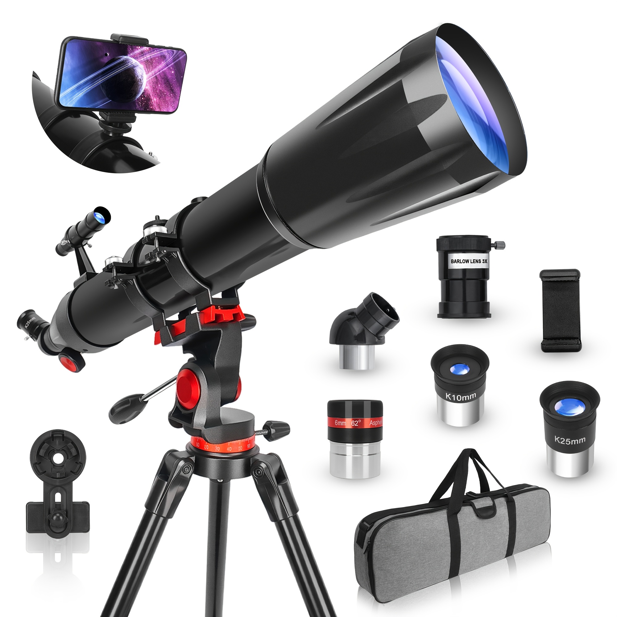 Image of 90mm Refractor Astronomical Telescope, 900mm Length, Includes Stainless Steel Tripod, Phone Adapter And Carry Bag, Suitable For Adults And Beginners