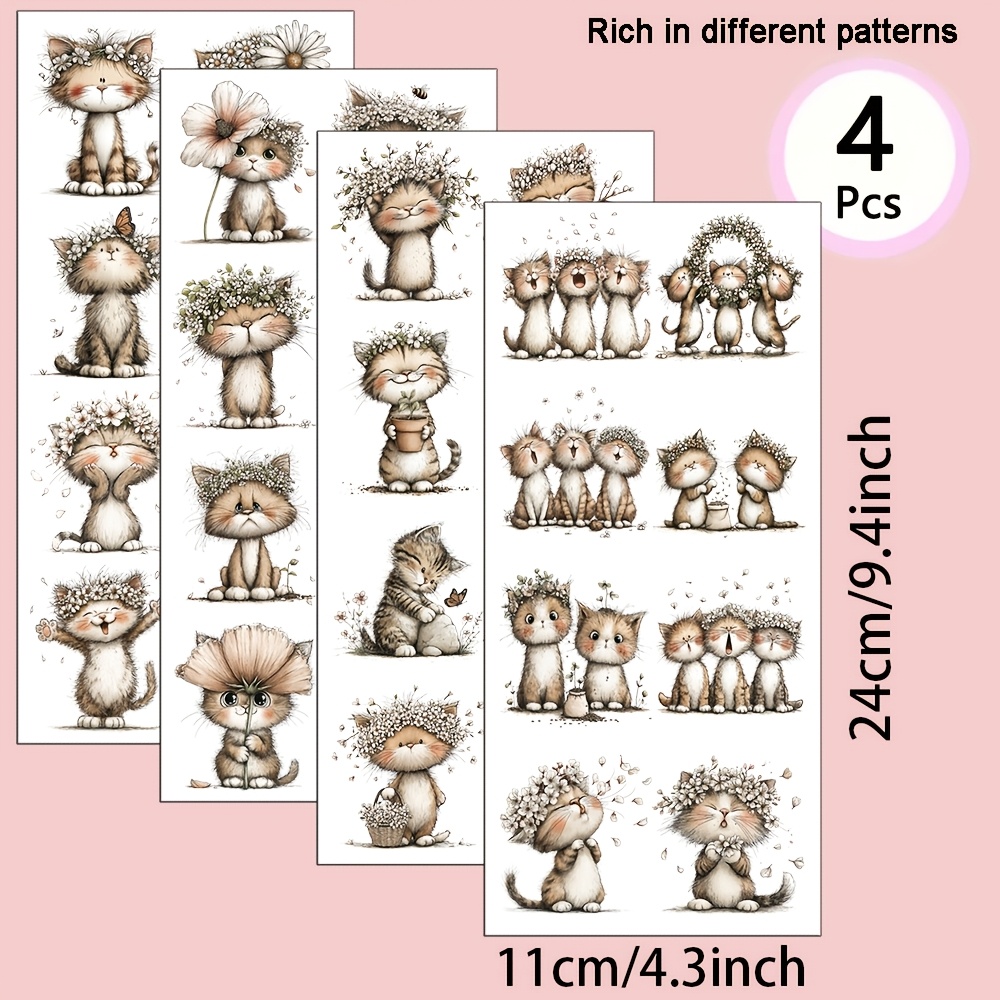 TEMU 4er-Set Verspielte Katze mit weißer Blumenkrone Muster UV-Transfer - für Bastelarbeiten, Tassen, Laptops & Wasserflaschen, selbstklebendes