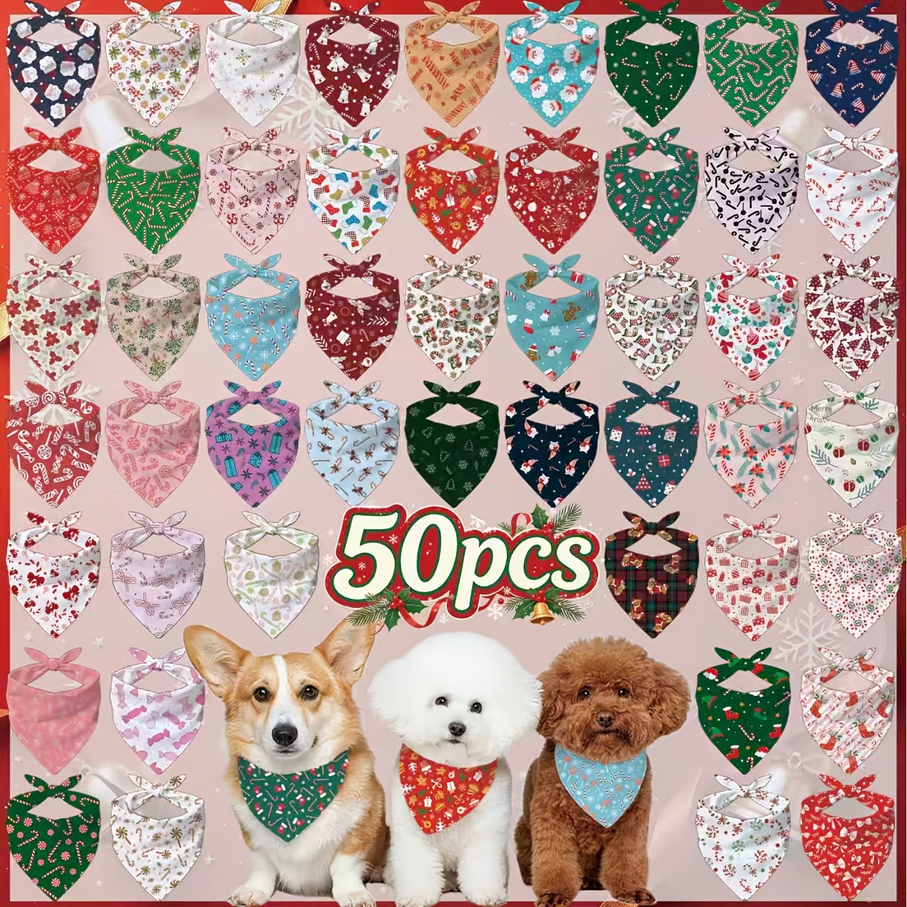 TEMU 50pcs Christmas Dog Bandanas, Festive Pet Scarf With Snowflake And Candy Cane Prints For Small To Medium Dogs