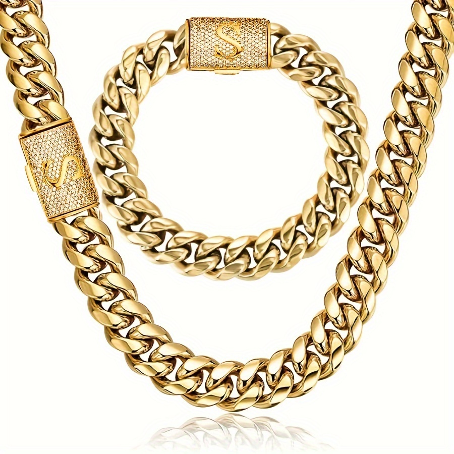 

2pcs Cuban Link Chain Set, S Buckle Bracelet Necklace Set, Hip Hop Jewelry Set