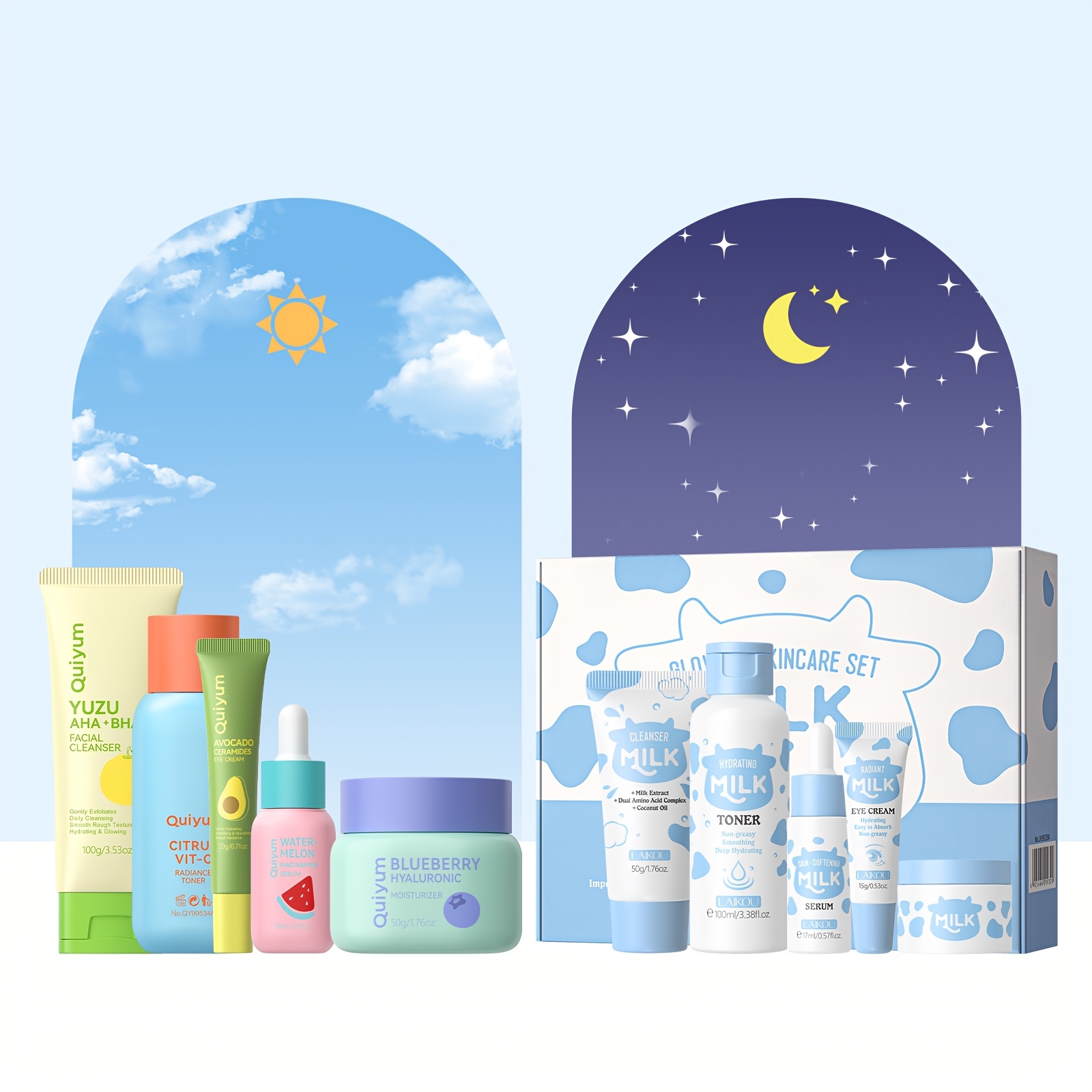 Laikou Fruit & Milk Facial Skin Gift Set, Day And Night, Cleansing, Serum, Toner, Hydrating Cream, Eye Cream, For Type, Ideal Gift Set For Christmas, New Year, Birthday, Mothers Day