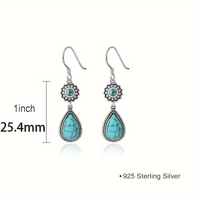 925 Sterling Silver Teardrop Dangle Earrings, Bohemian Turquoise Inlay