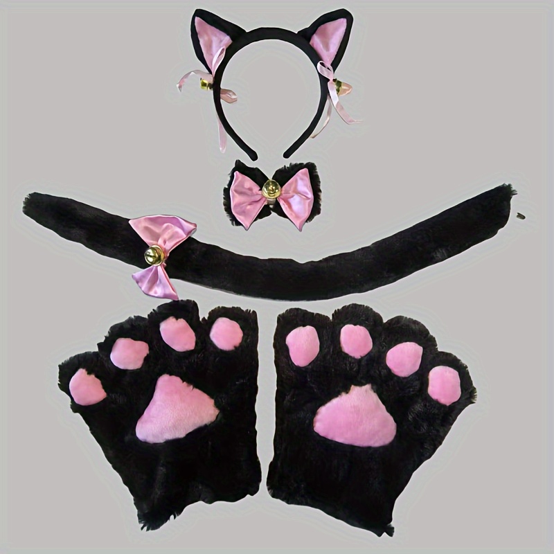 5 Cute Cat Cosplay Costume Set - Polyester Fleece Animal Dress Up Kit with Headband, Paw Gloves, Bow and Tail - Hand Washable - Valentine's Day Themed Party Accessories