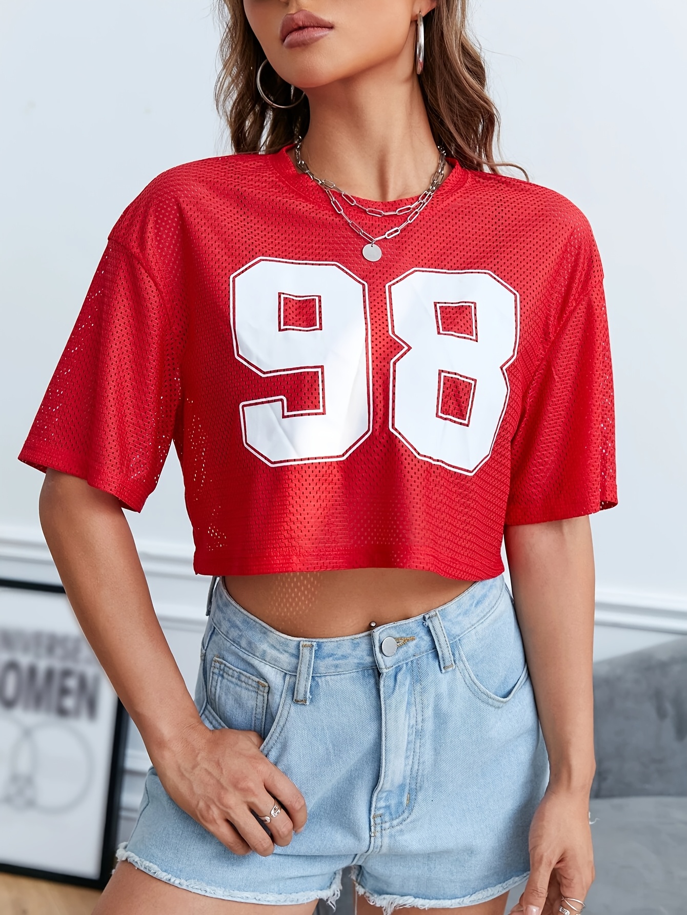 retro y2 red mesh number print crop top t shirt Temu Chile