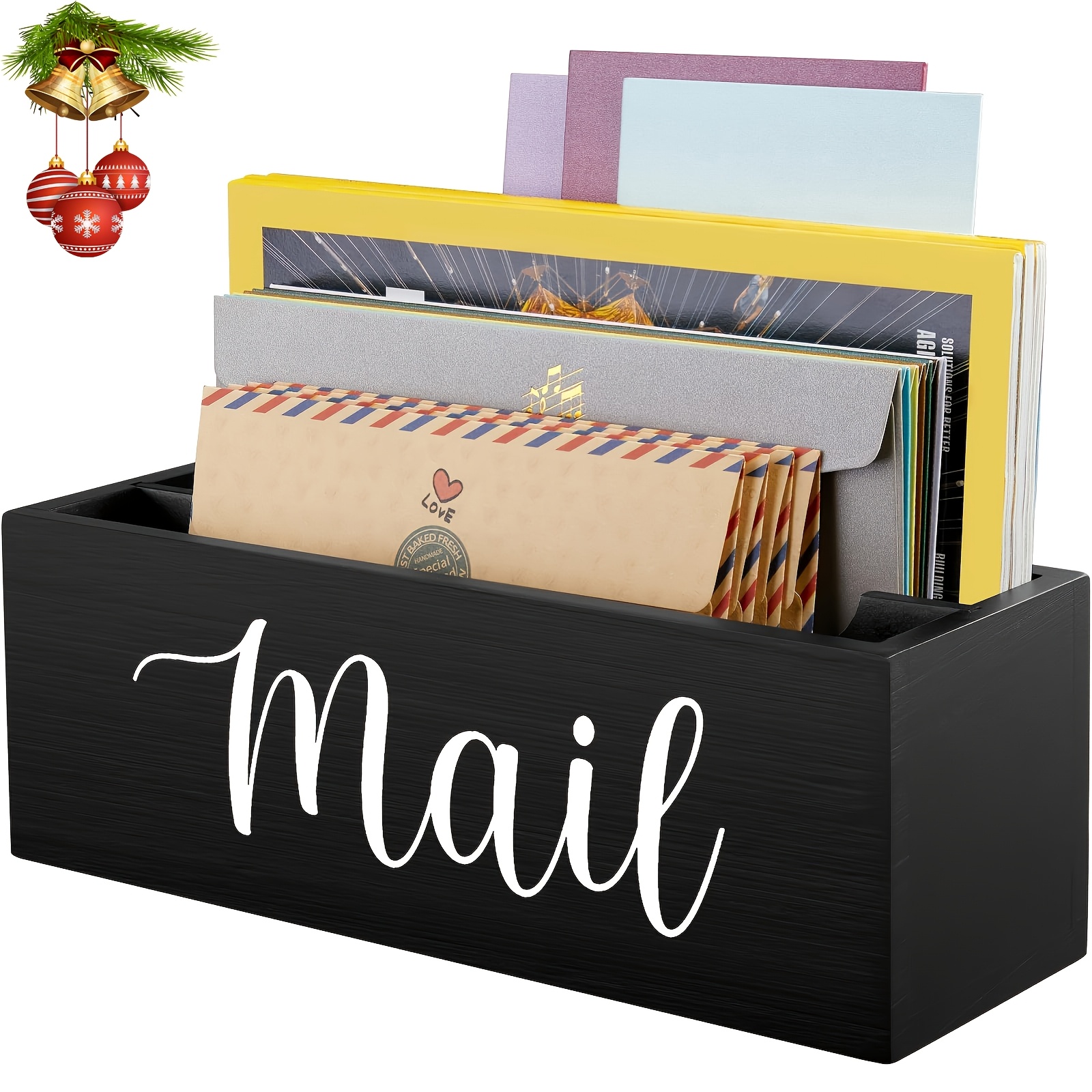 

Black Wooden Mail Organizer With 2 Slots - Versatile Desk & Wall Mount Envelope Holder For Home Office Decor, Utility Hooks