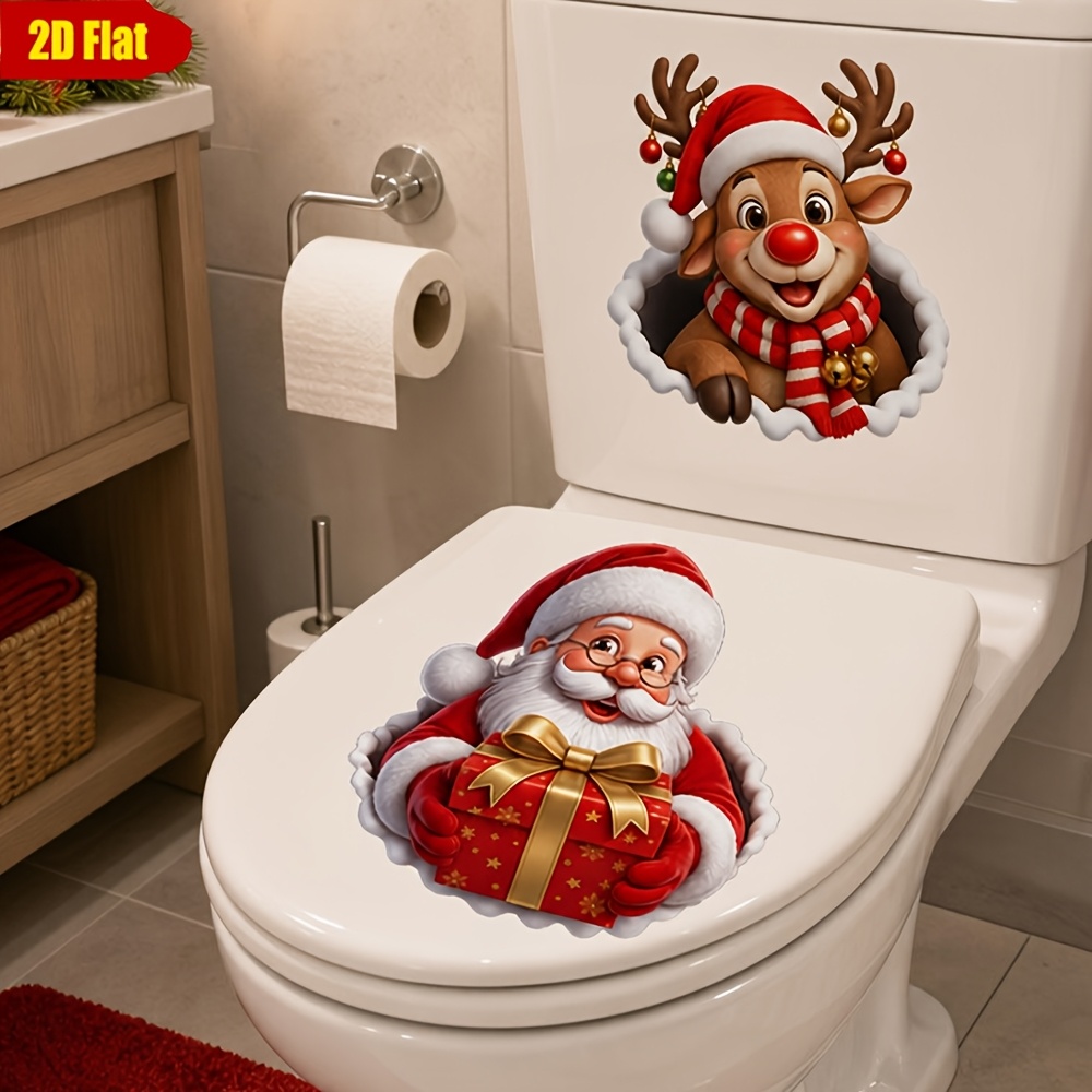 TEMU Plat 2D, 2pcs Autocollants de Toilette 2D Père Noël et Déchirés, Décalcomanies Autoadhésives pour les Fêtes de Noël pour Couvercle de Toilette,