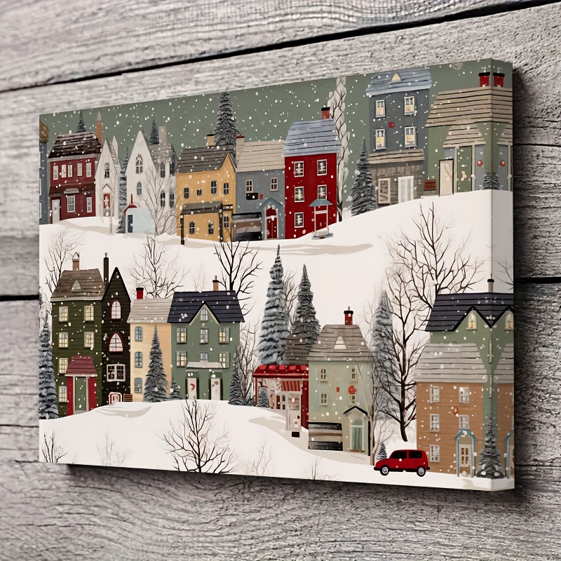 TEMU 2d Flat, 2d Flat, 1pc Rustic Wooden Framed Canvas Artwork Featuring A Scene With Snowy Houses, Red Roofs, And Trees Blanketed In Snow. Ideal For