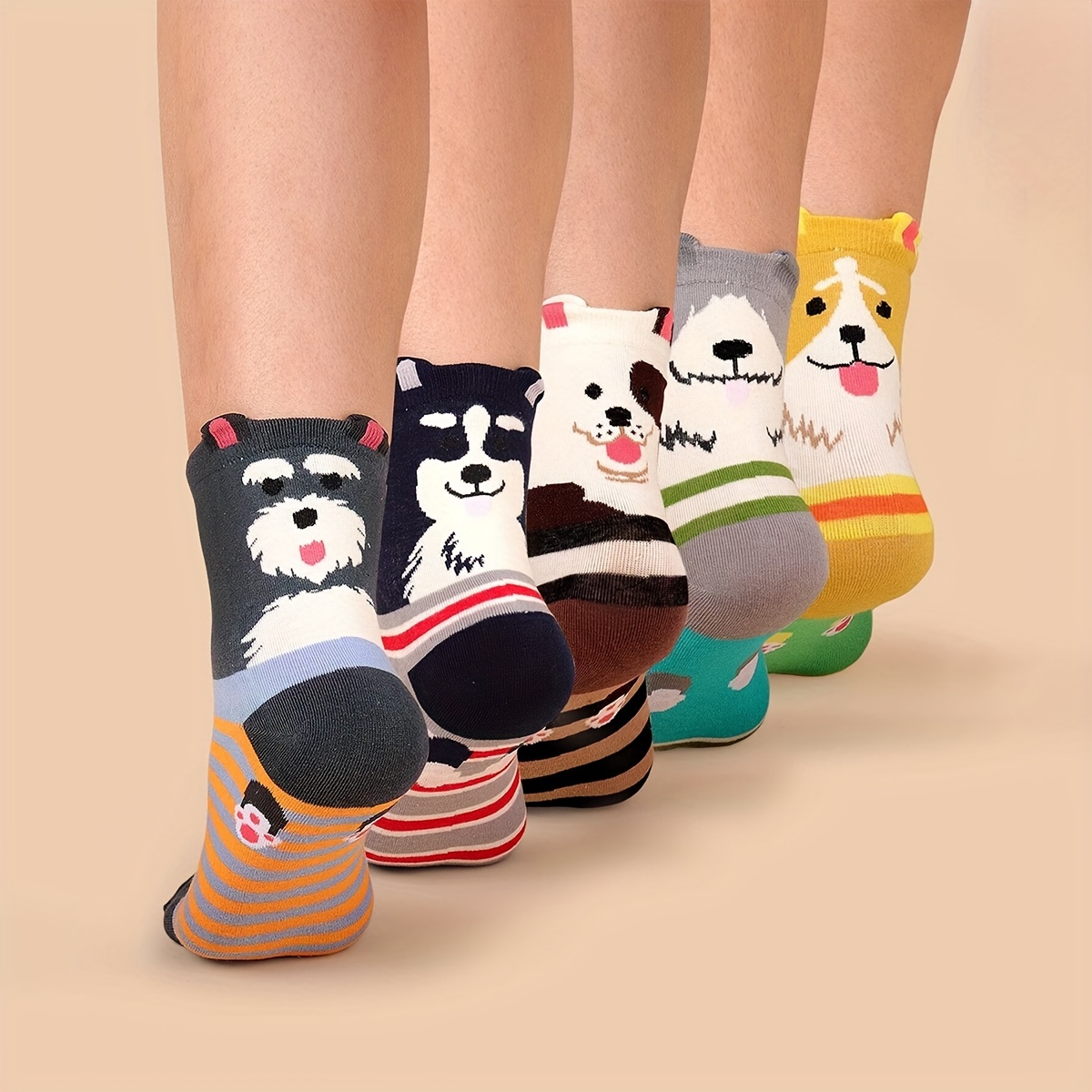 

5 Pairs Cartoon Dog Print Socks, Cute & Breathable Mid Tube Socks, Women's Stockings & Hosiery