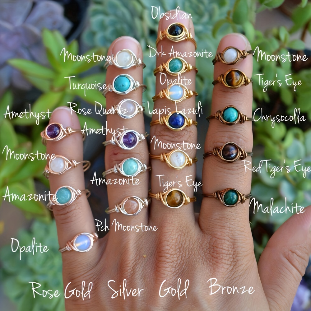 

30pc Crystal Rings For Women Rings Copper Wire Wrapped Handmade Jewelry Ring, Carnelian Rose Quartz Amethyst Opal Malachite Assorted Varieties Gemstone Ring Random Christmas Gift