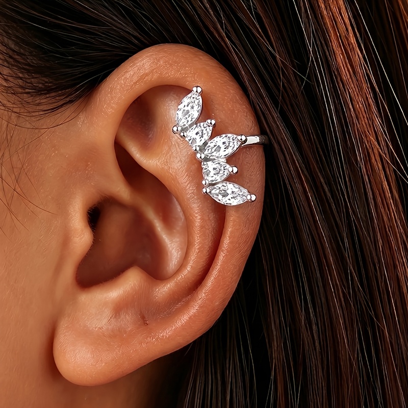 TEMU 1pc Or 2pcs Silvery Copper Marquise Cz Leaf Wing Ear Cuff, Women Earrings, Delicate Fairy , Perfect For Daily Casual Matching, Party Outfits And
