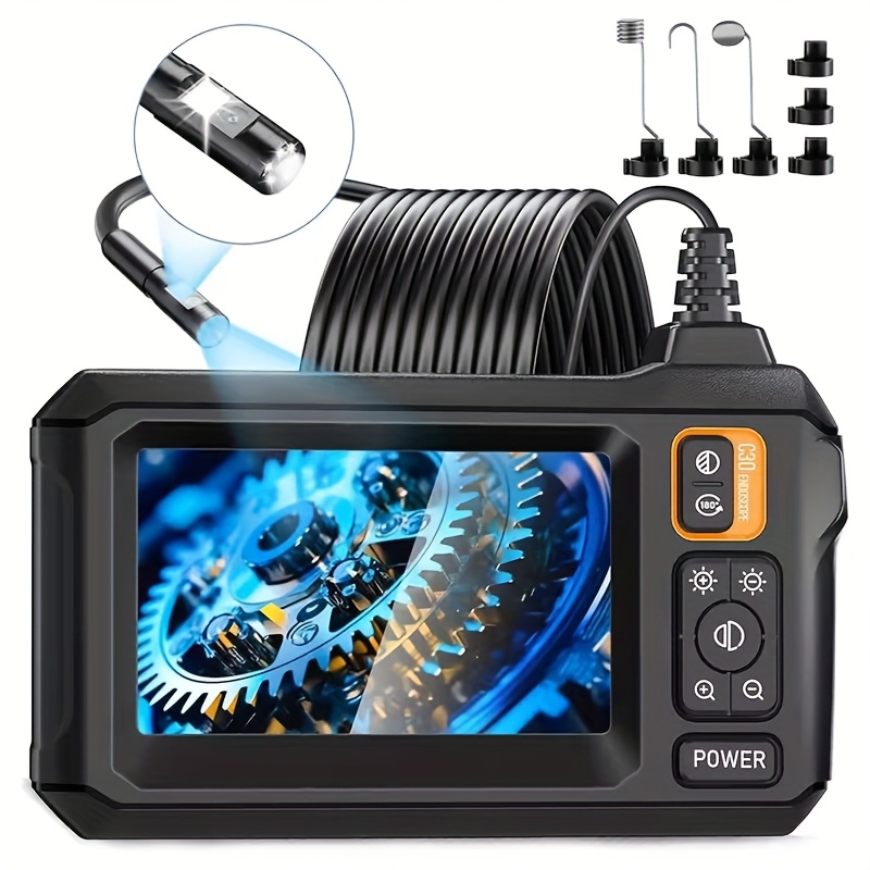 TEMU Endoscope industriel à écran LCD IPS de 4,3 pouces - Lentille unique de 8 mm, indice IP67, idéal pour automobile, doté d'une double USB/batterie