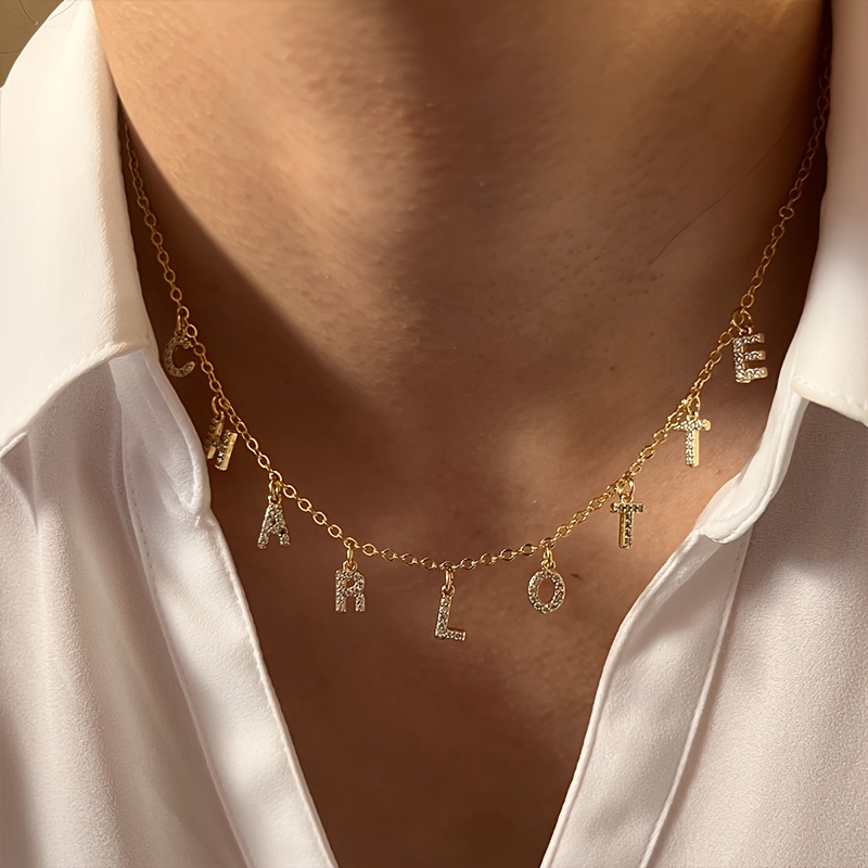 TEMU [Personnalisation] 1pc Collier en acier inoxydable avec lettre en strass et nom personnalisé, plaqué or , brillantes, bijou commémoratif,