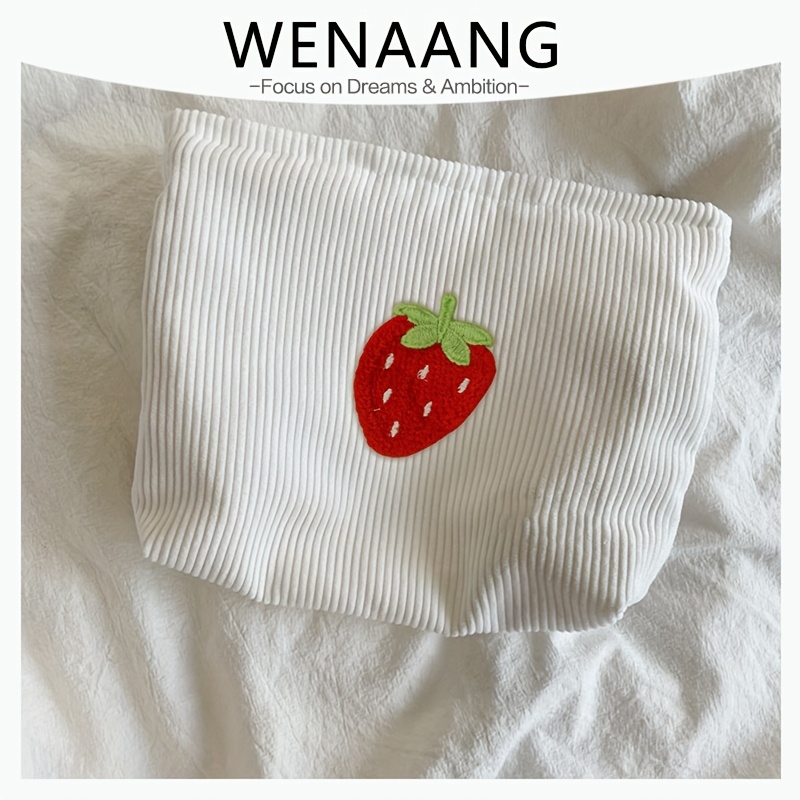 Image of Strawberry Corduroy Cosmetic Bag Portable Makeup Storage Bag Purses Women Large Capacity Make Up Ba