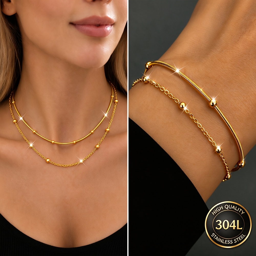 TEMU Ensemble de bracelet et collier pour femmes, 4 pièces, en acier inoxydable plaqué or