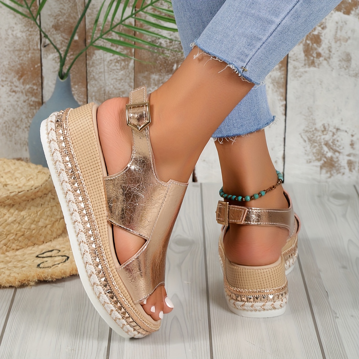 womens metallic golden wedge sandals open toe ankle strap thick rubber sole with rivet details casual summer platform shoes for outdoor wear ladies sandals 3