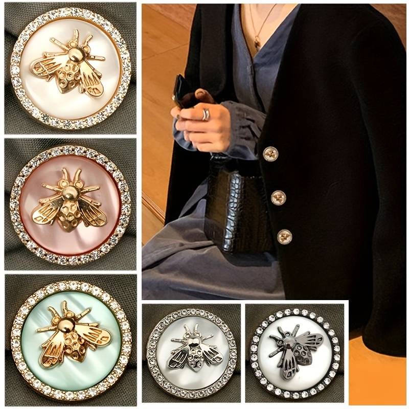 

6pcs Rhinestone Diamond Decorative Buttons Decorative Metal Buttons Golden Bee Buttons For Clothing Luxury Coat Fleece Sweater Sweater Sewing Buttons Sewing Accessories