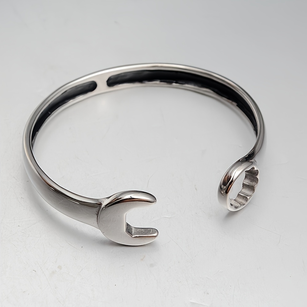 2pc Heavy-Duty Textured Stainless Steel Wrench Bracelet & Ring Set