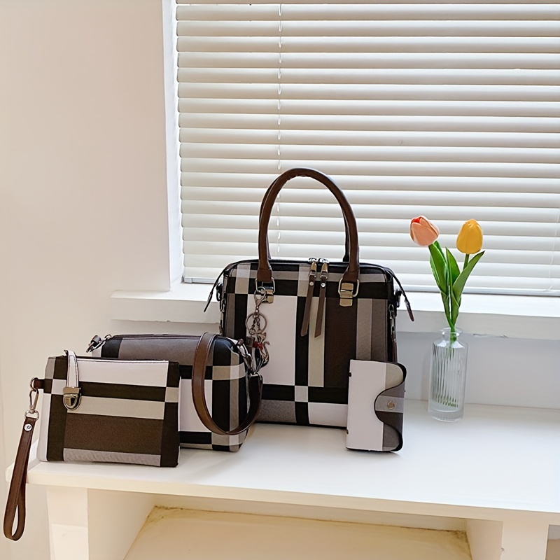 

4-piece Set Striped Contrast Color Handbag Set For Women, Includes Tote, Shoulder Bag, Crossbody, And Clutch, Faux Leather, Casual Style, Versatile Fashion Accessories