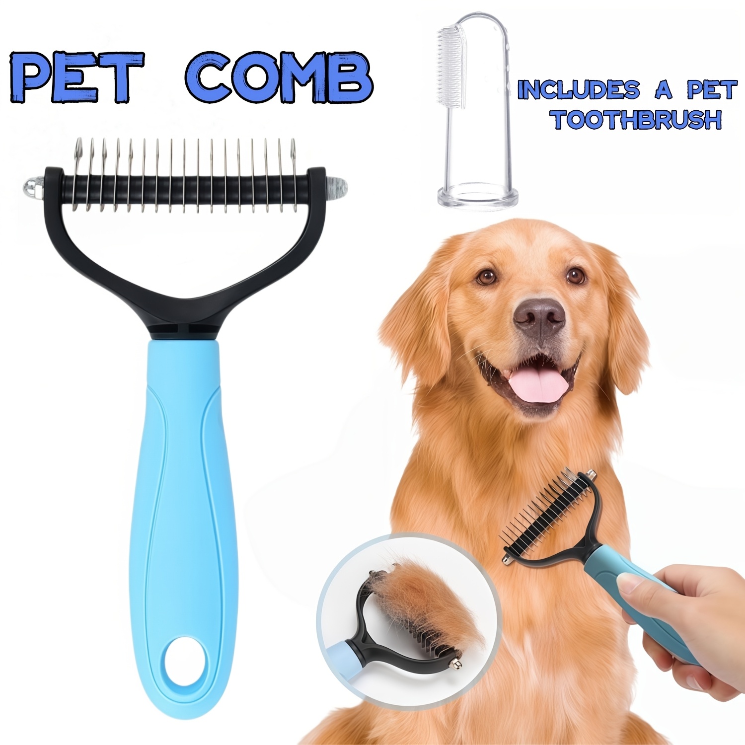 TEMU 1 Pet Hair Removal Comb + 1 Pet Toothbrush Finger Cot, Universal For Cats And Dogs, Stainless Steel Pet Hair Removal Brush, Efficient Hair