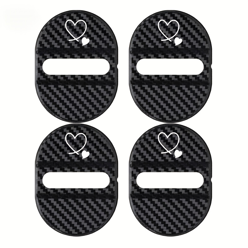 TEMU Car Door Lock Shock Absorber Cover. The Design Features A Heart-shaped Pattern With A Carbon Fiber Texture And Has Functions Such As Shock