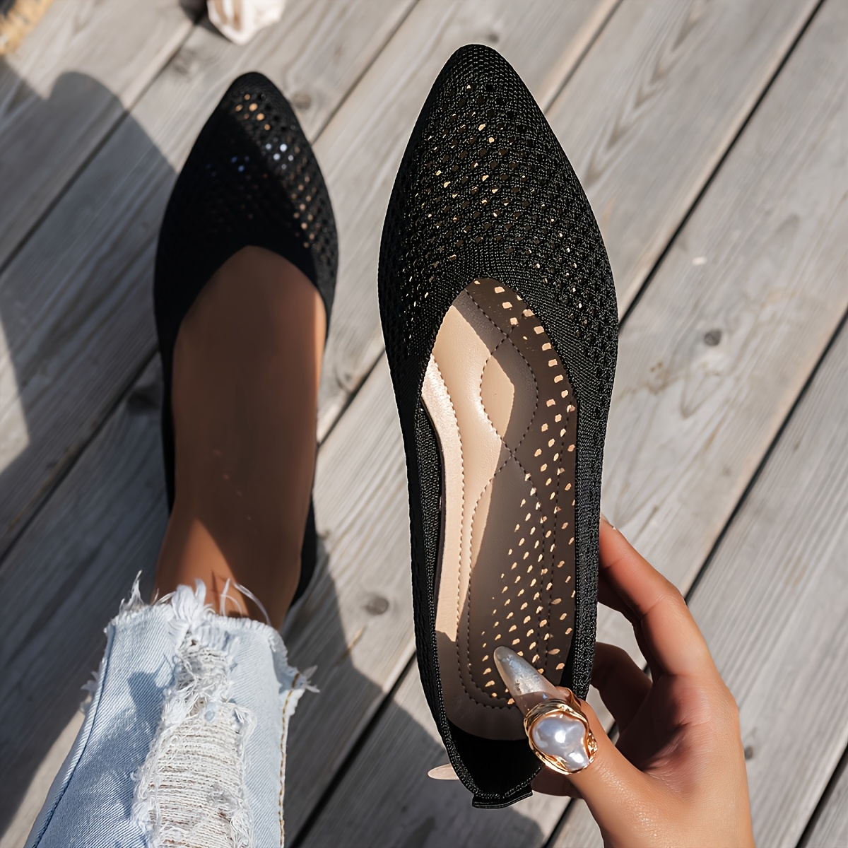 Hollow-out Woven Pointed Flat Shoes, Breathable, Comfortable, And Versatile, Women Shoes