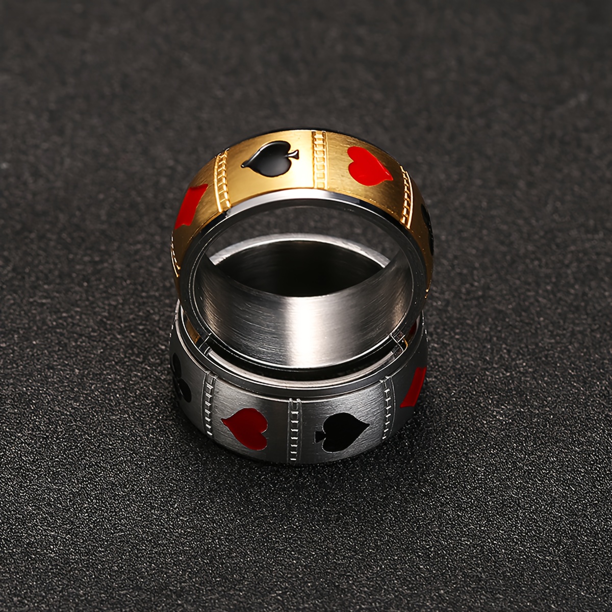 1pc men   steel poker card pattern universal wheel with rotatable decompression ring to relieve pressure, hip-hop   ring poker card jewelry, punk   ring retro poker band ring for s, party jewelry, gift for men, statement piece, edgy design,   metal, durable jewelry, men s fashion ring, give him/her a valentine s day gift, men ring for men Product details 5
