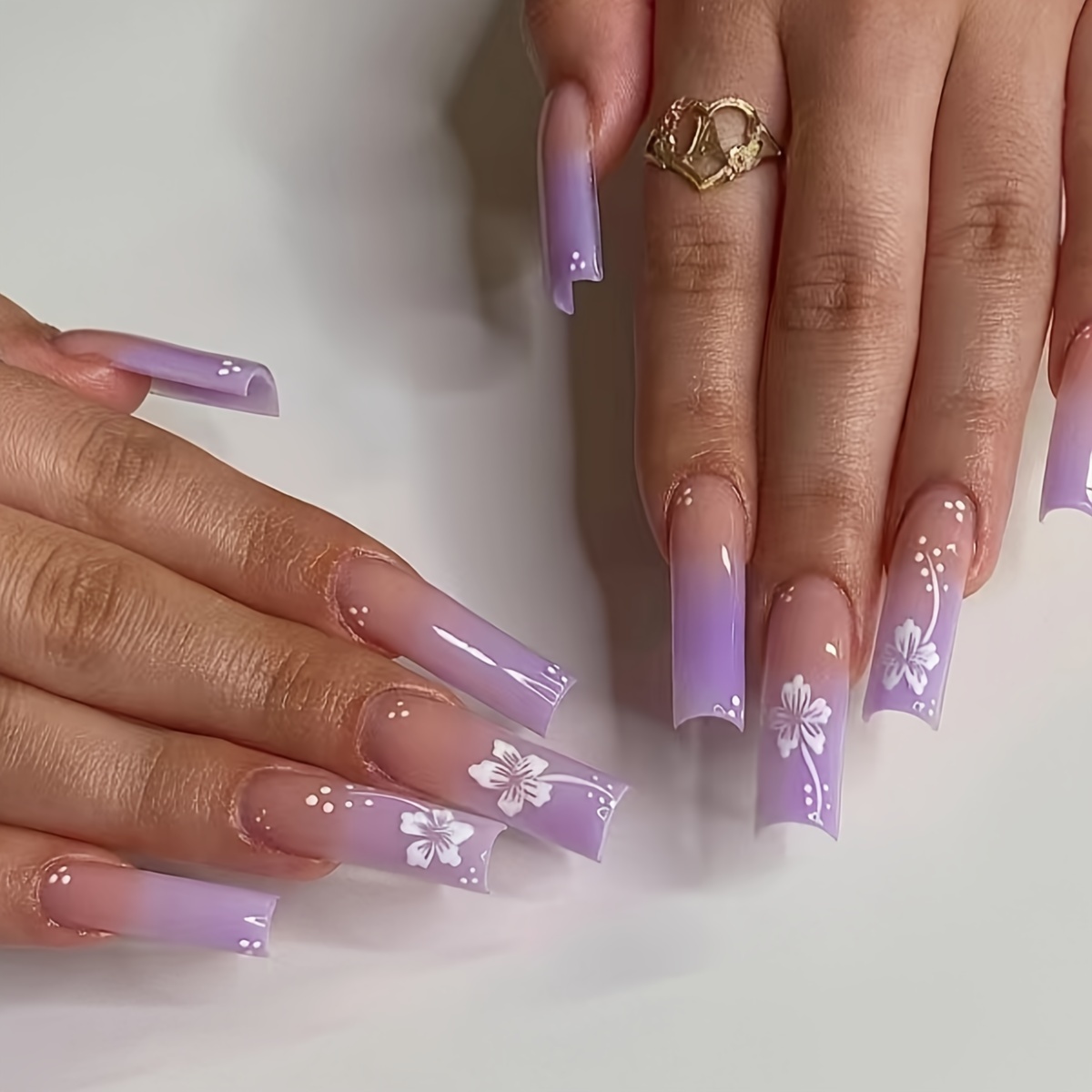 24pcs Long Press-on False Nails Square Purple Gradient Joke Fresh Manicure Set With Jelly Glue 1 Nail File 1