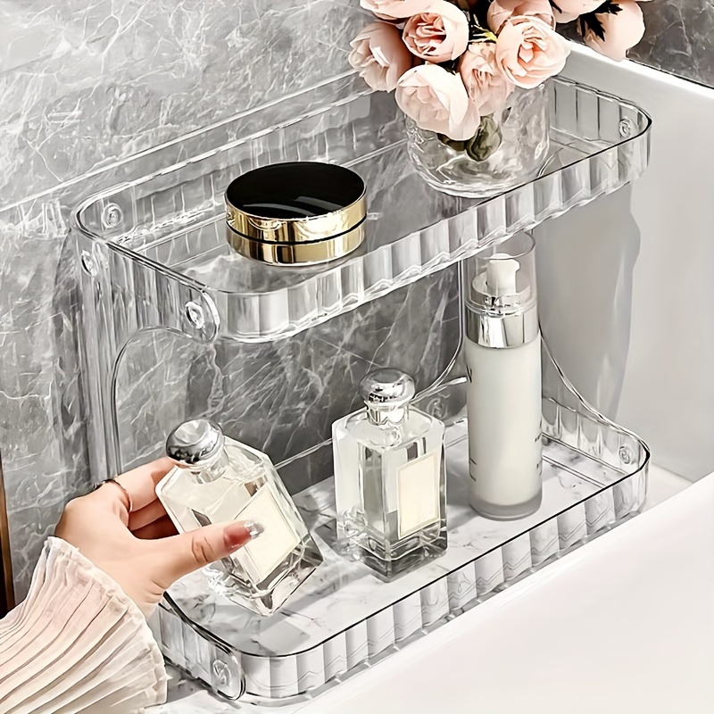 

Double Tier Acrylic Cosmetic And Perfume Storage Organizer - Clear Plastic Bathroom Shelf For Skincare, Vanity Countertop Display, Modern Toiletry Caddy With 2