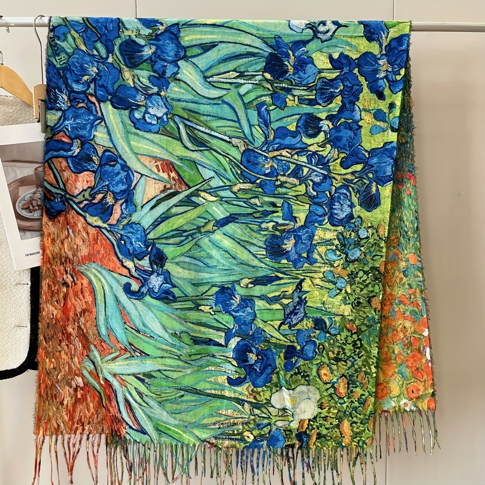 TEMU Women's Lightweight Warm Retro Floral Fringe Scarf - Elastic Breathable Canvas Hair & Neck Accessory With Printed Flower Pattern, Fringed Edge