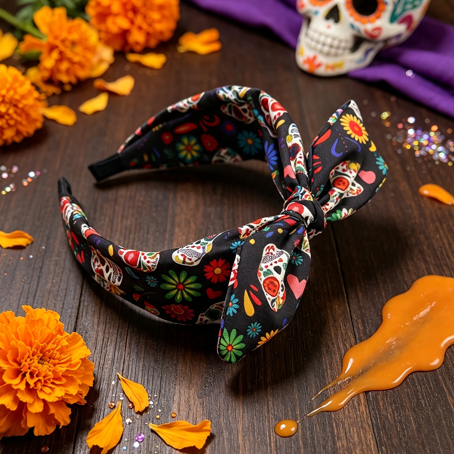 TEMU 1pc Women's Halloween And Costume Headpiece, Wide-brimmed Headband With Small Floral Prints, Colorful Skulls And Bows. Versatile Boho-style Hair