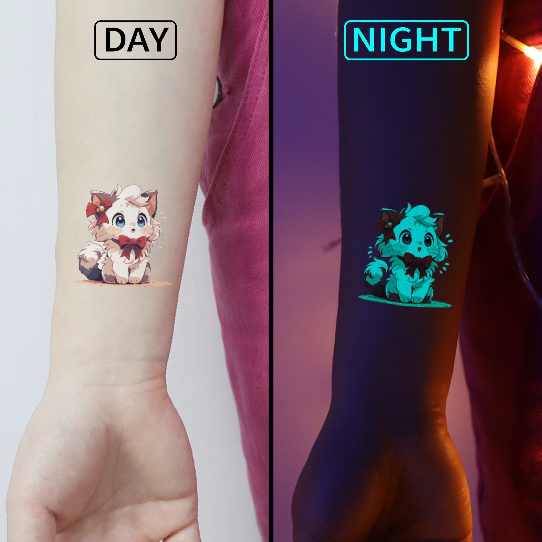 Luminous Tattoo Stickers Cartoon Cute Cat Dog Panda Fox Pet - Temu