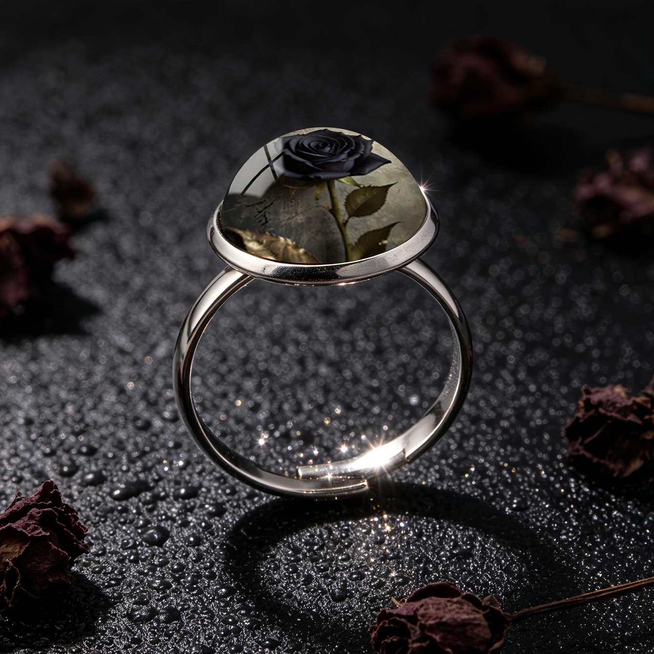 Women's Vintage Black Rose Pattern Half-Dome Open Ring