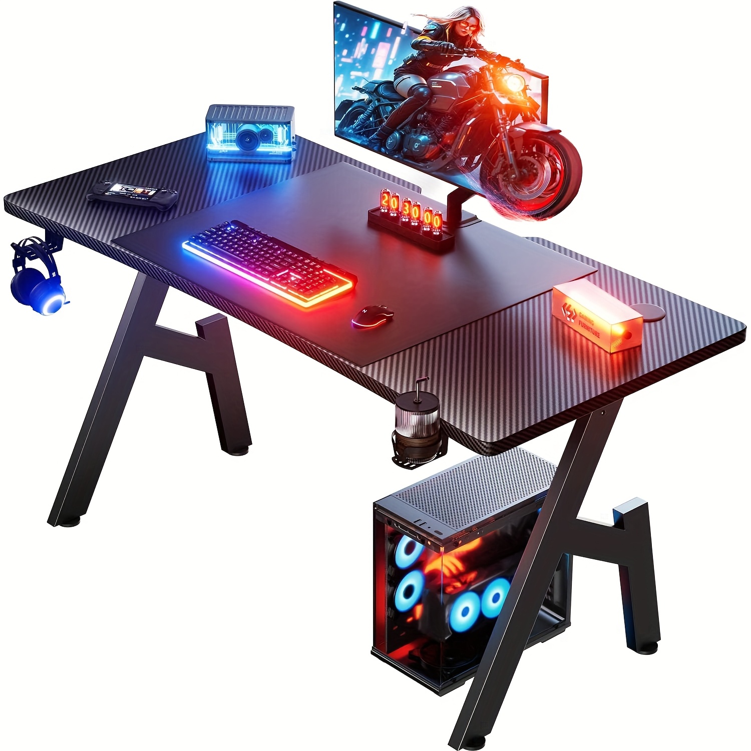 TEMU For Home Desk Gaming Table With Cup Holder & Headphone Hook, Writing Desk Carbon Fiber Desktop A Shaped Computer Table With Oversized Mouse Pad