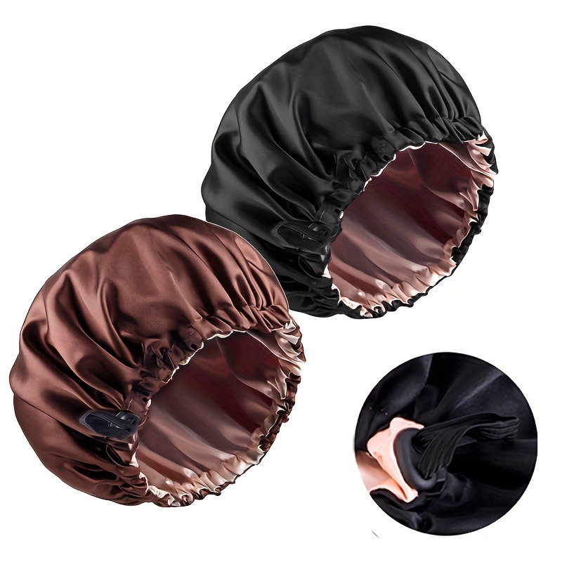 E-shop 2er Set Doppellagige Flache Schnalle Verstellbare Satin Schlafhaube Haarölhaube Damen Beauty Haarpflege Haube Duschhaube
