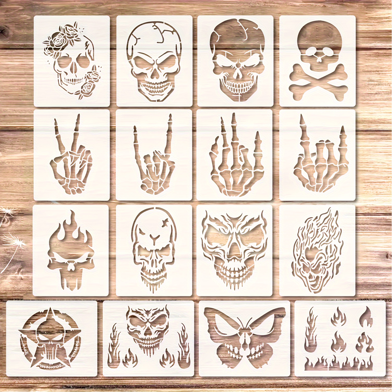 

16pcs Stencils For Painting On Wood Flame Skeleton Hand Finger Fire Templates For Airbrushing Art Crafts Plastic Reusable Wood Burning Stencils