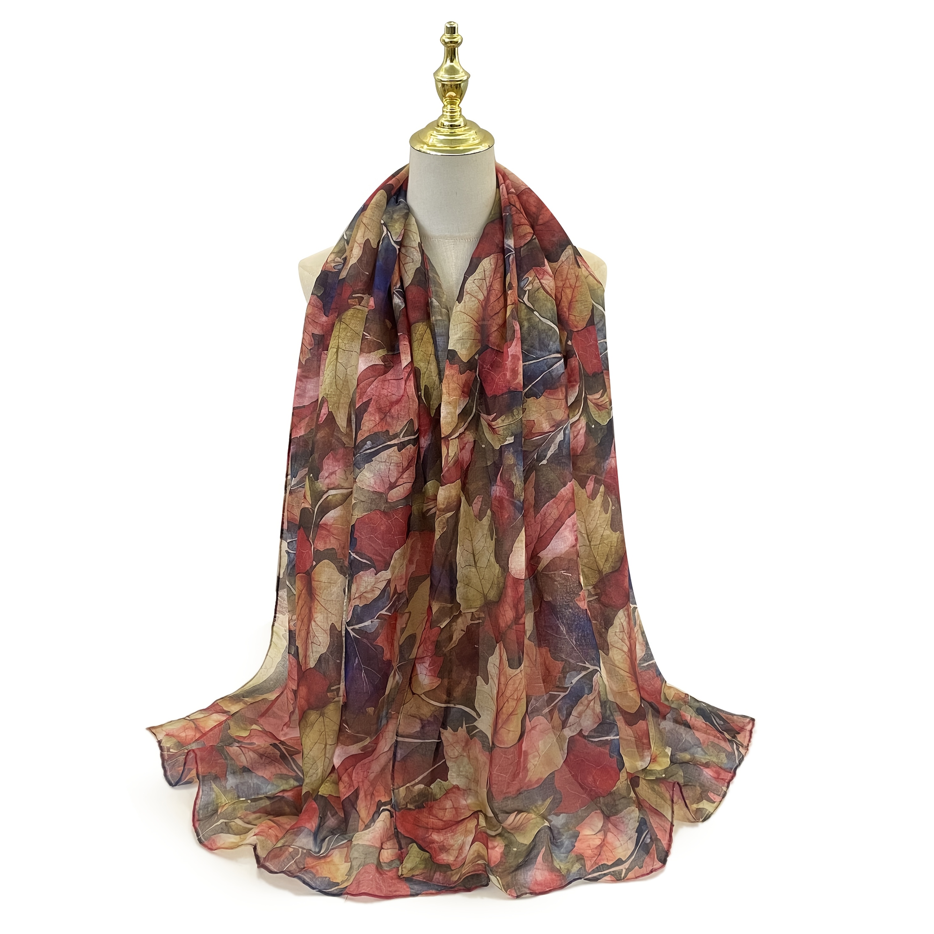 TEMU Autumn Leaf Atmosphere Thin Scarf: Lightweight And Sheer With Vibrant Leaf Print In â Wine , Gray, Blue, Multicolor, Olive Green, Rust Red. Add