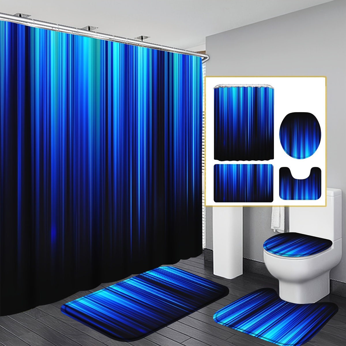 TEMU 2d Flat, 2d Flat, 4pcs 2d Flat Blue And Black Gradient Shower Curtain Set, Fashion Technology Feel Bathroom Curtain Set With 12 Hooks Including