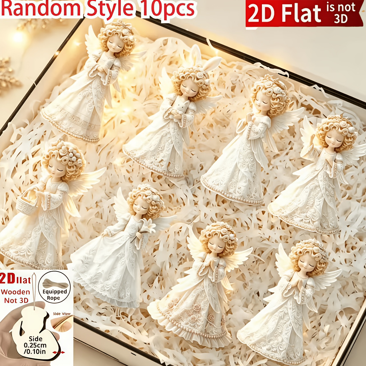 TEMU Set di 10 ornamenti angeli in pizzo piatto 2D - Ornamenti in legno artificiale, adatti per alberi di Natale interni/esterni e decorazioni per la