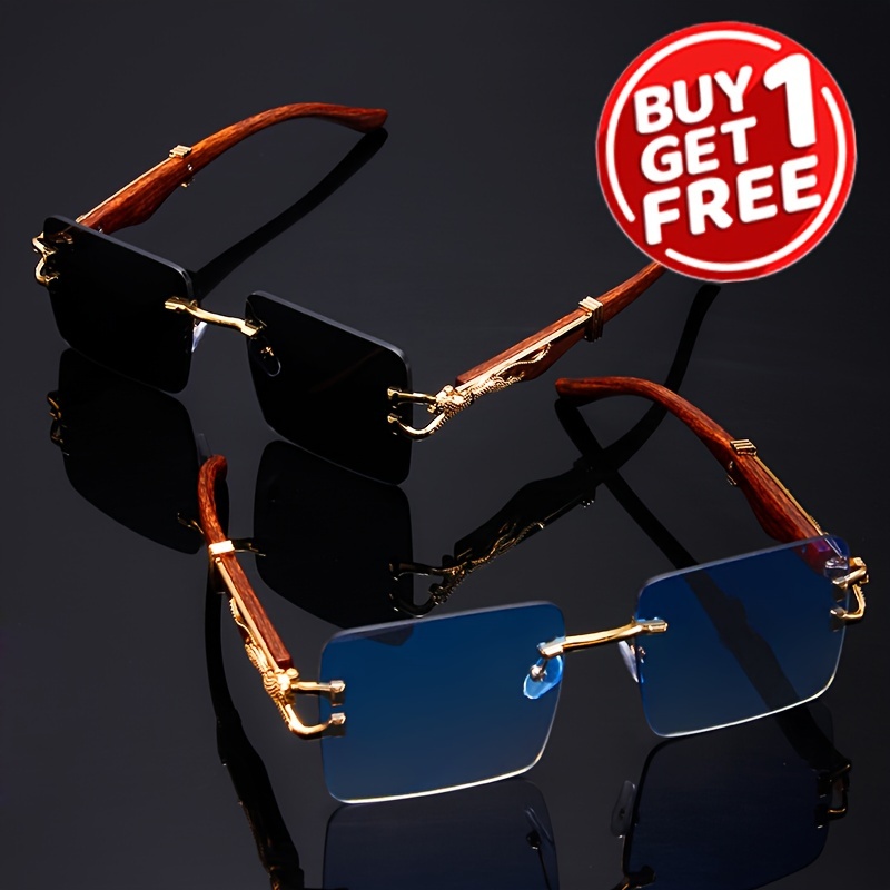 

2pcs Chic Rimless Square Fashion Glasses For - Vintage Wood Grain Temples, Accents, Anti-reflective Lenses For Travel