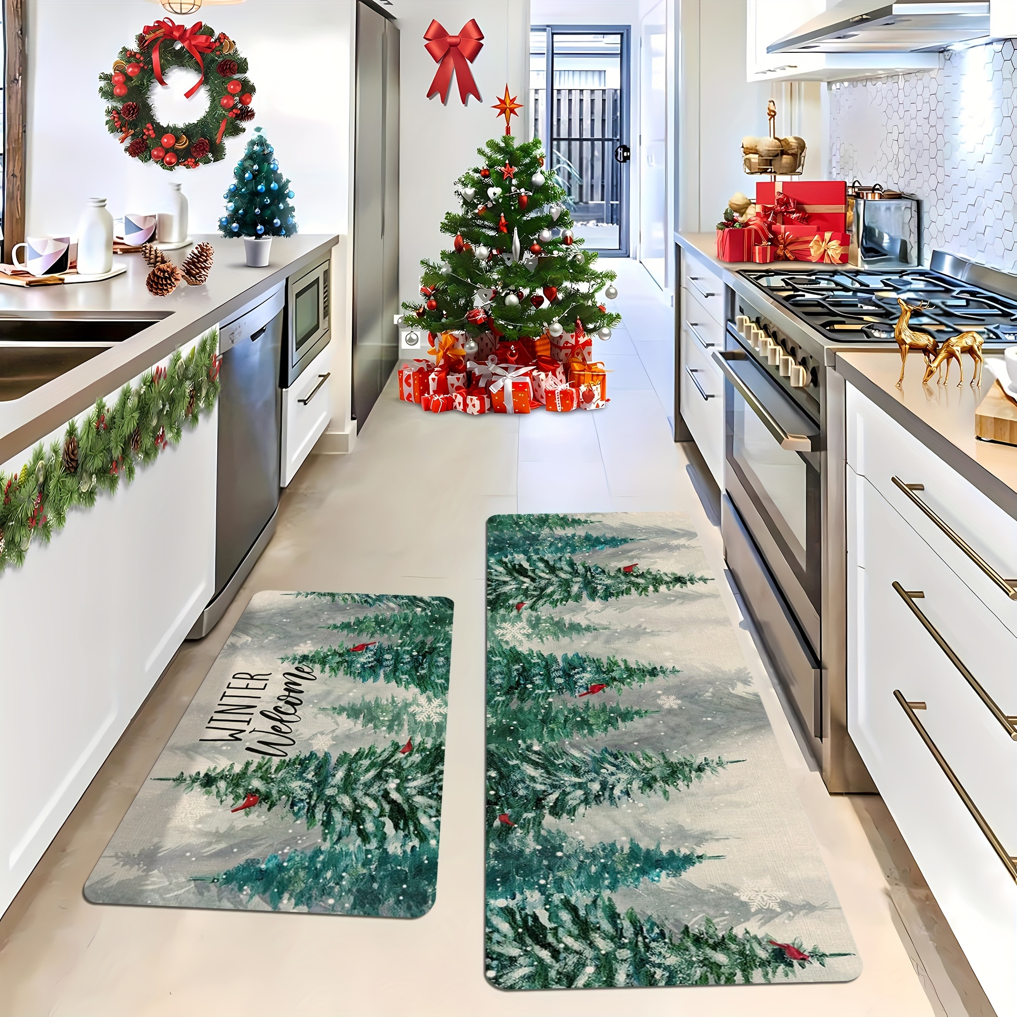 

Christmas Tree Print Kitchen Rug - Stain & Slip Resistant, Machine Washable Mat For Farmhouse, Kitchen, Laundry Room & Entryway - Thick Flannel, 0.47" Sponge Thickness