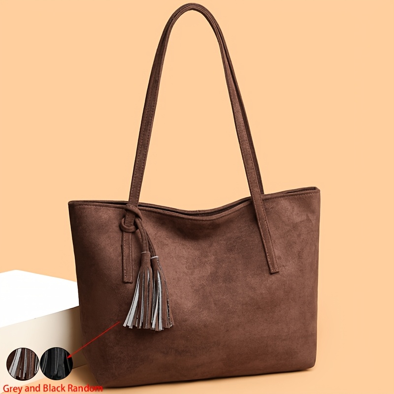 TEMU [ Suede] New Solid Color Retro Style Versatile Easy Women's Fashion Shoulder Bag, Casual Soft Tassel And Large Capacity Tote Bag, Classic Square