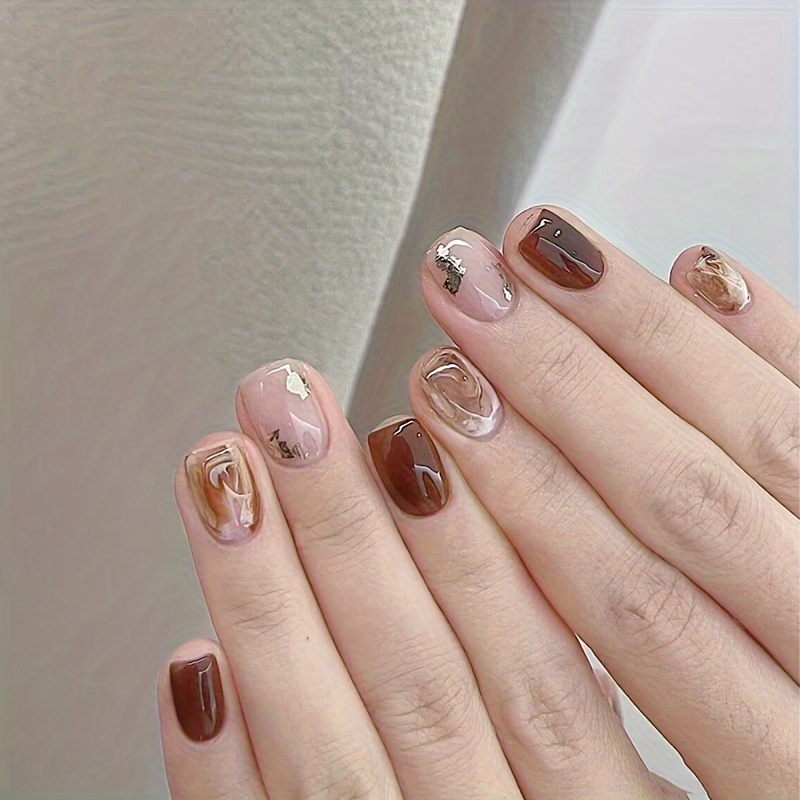 

24pcs Latte Ombre Press-on Nail Tips, Short Square Shape, Brown & Pink, With Nail File & Jelly Glue, , Fake Nails For Manicure